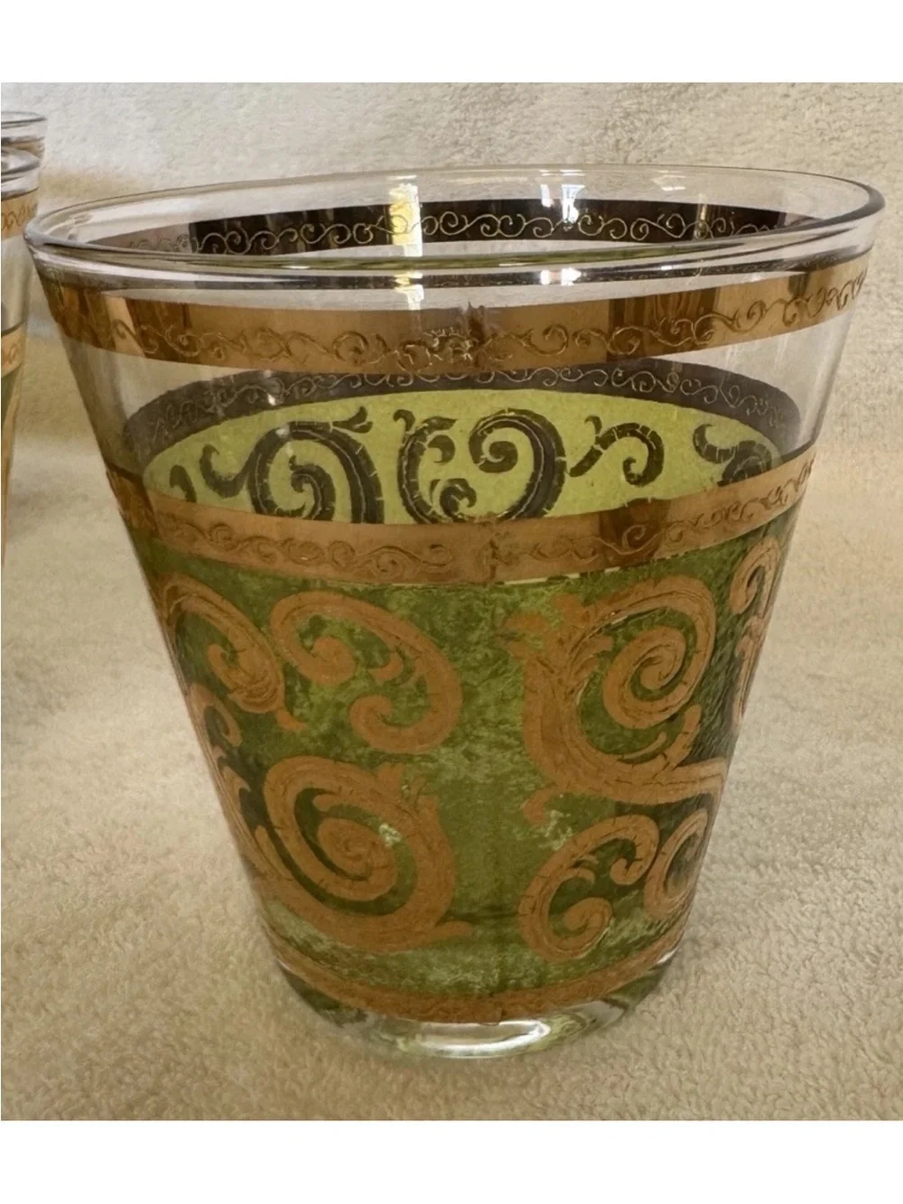 Vintage Culver Toledo 22K Gold Green Rocks Glasses Set of 6 MCM Barware